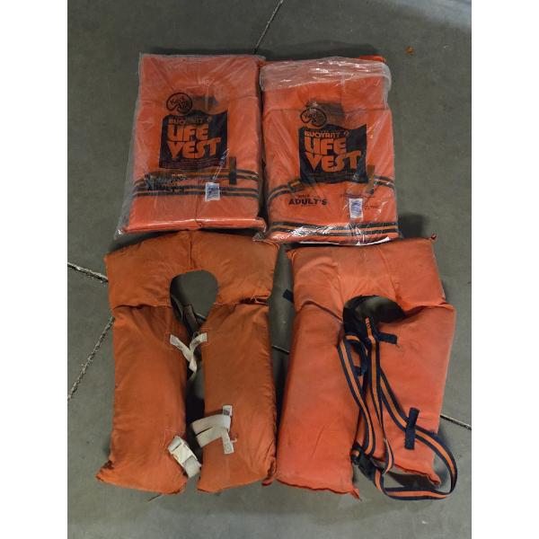 Four Orange Adjustable Life Preservers, Including 2 New & 2 Used/Good Condition 