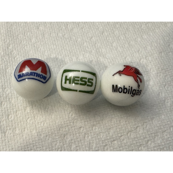 3 - Vintage Gas & Oil Advertising Marbles - Marathon, Hess & Mobilgas