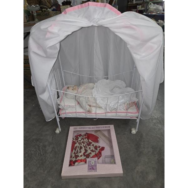 Large Doll Canopy Bed With Porcelain Doll And Doll Clothes Excellent Condition!~