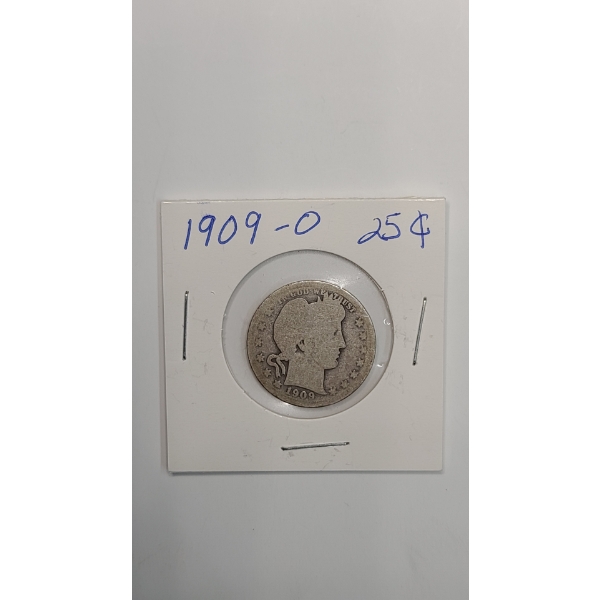 1909-O 90% Silver Barber Quarter
