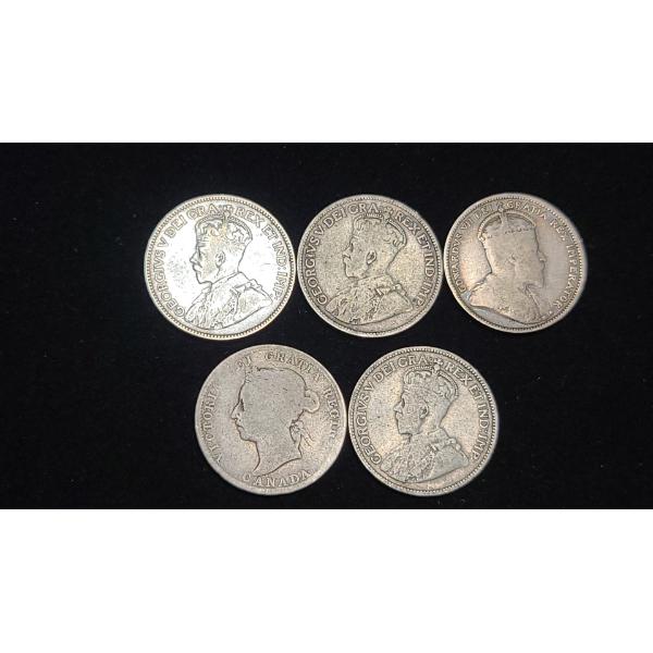 (5) Assorted Years & Obverse Legends Canadian 25 Cent 0.9250 Silver Coins 