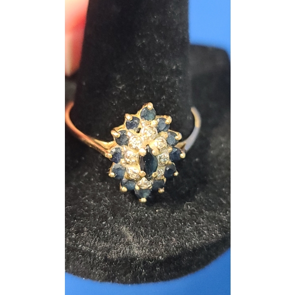 Vintage Style 14K Gold Sapphire And Diamond Cluster Ring (Band Is Cut) - Size 10.5 - Weight: 2.3g