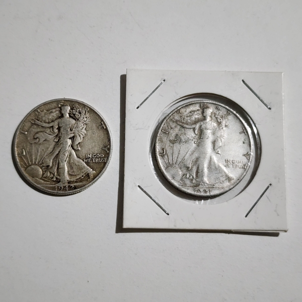 Two 90% Silver Walking Liberty Half Dollars ~ 1942 & 1921 ~ $1.00 Face Value