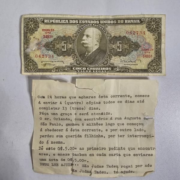 Vintage Brazilian 5 Cruzeiros Banknote Estampa 2A Série 3493A with Portugese Chain Letter