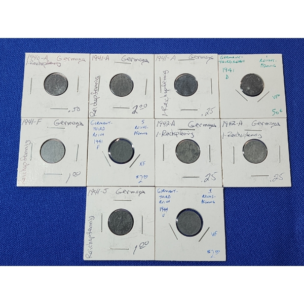 x10 Assorted Wartime Years & Mintmark Germany 1-Reichspfenning Coins Including XF & VF
