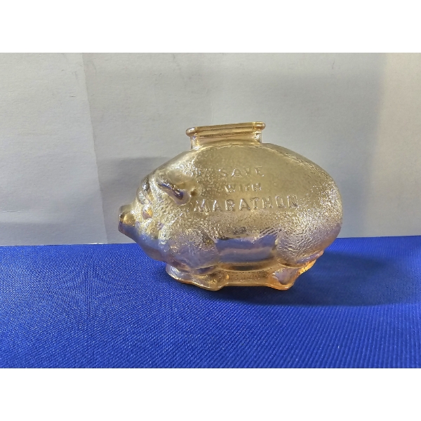 Antique Anchor Hocking Marigold Marathon/Ohio Oil Carnival Glass Piggy Bank - 4in Long