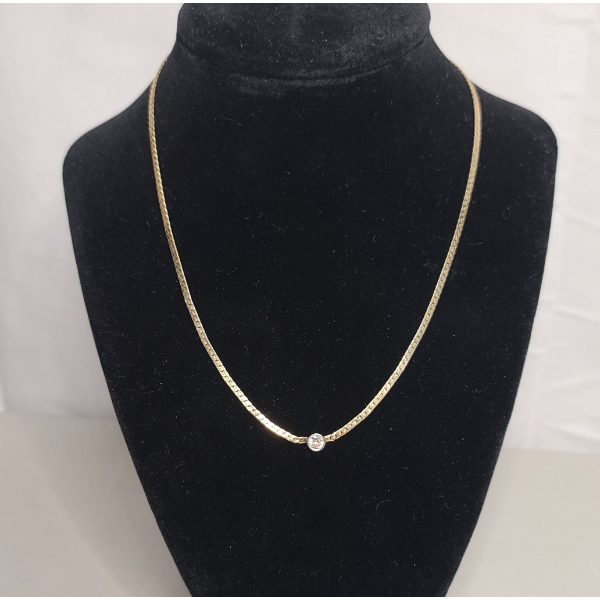 Vintage 14K Yellow Gold Herringbone 16" Chain Necklace With Bezel-set Round Diamond - Weight: 6.0g