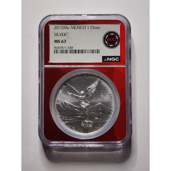 NGC GRADED MS67 MEXICO 2015Mo One Onza Silver Libertad Round W/ EDC Plug & Red Back