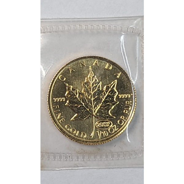 1999 Canada 1/10th Troy Oz .9999 Fine Gold Maple Leaf Coin With Special 20 Years Anniversary Privy