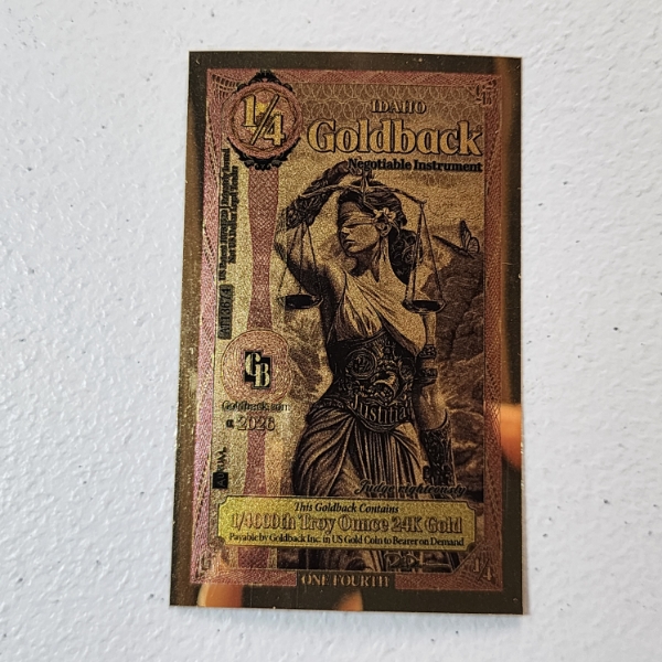 2026 Idaho 1/4 Goldback *Alpha Series* Justitia 1/4000oz 24K Gold Foil Note