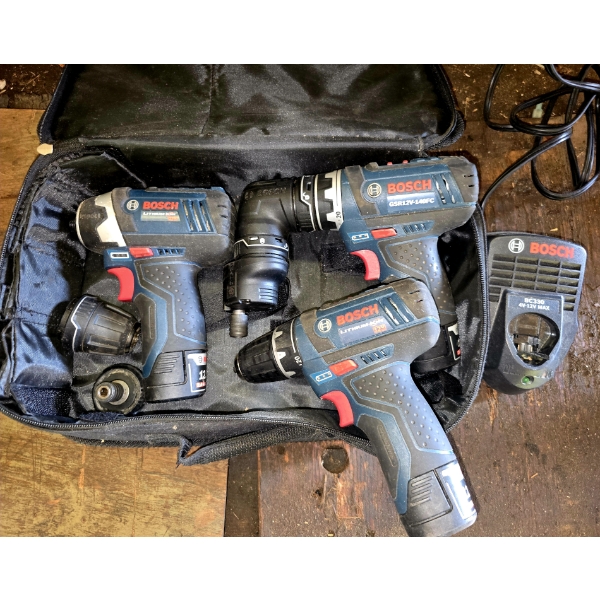 3 Piece Bosch Cordless Drill, Driver & Right Angle Driver with Accessories