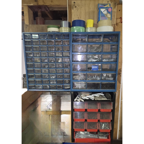 3 Wall Mounted Parts Drawers with Assorted Hose Clamps, Fasteners and More