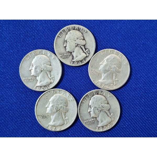x5 Assorted Years U.S. 90% Silver Washington Quarters FV: $1.25