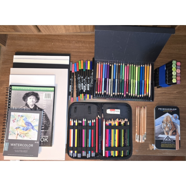 Assorted Drawing Items incl Prismacolor Colored Pencils, Dual End Markers, Drawing Pads and More