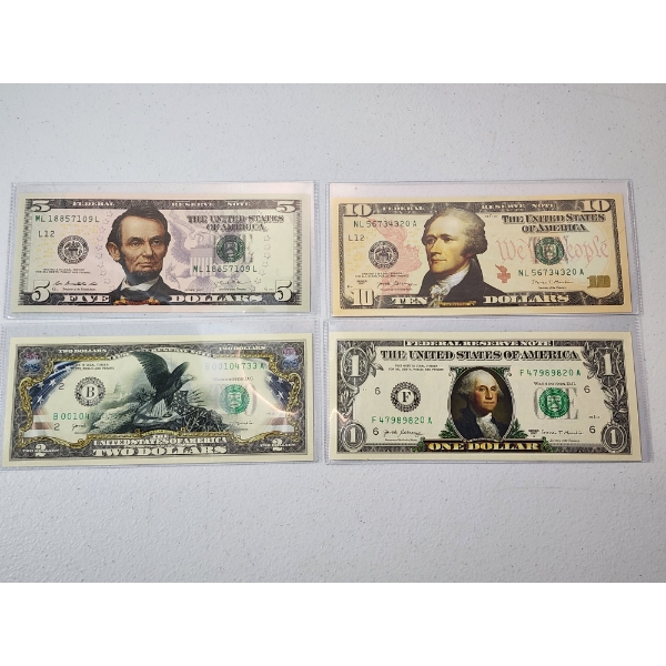 Collection of Four Enhanced & Colorized U.S. Banknotes: $1, $2, $5, $10