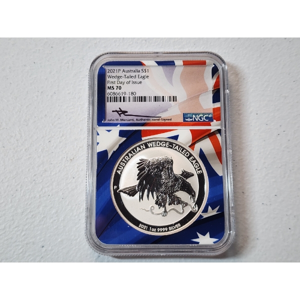 NGC 2021 P Australia .9999 Silver Wedge-Tailed Eagle FDOI MS 70 Signed by Mercanti 