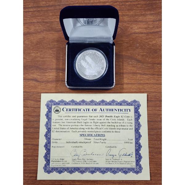 2021 Double Eagle $2 Coin Weighing 0.5 Troy Ounces .999 Fine Silver - In Original Box W/ Certificate