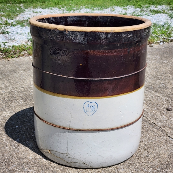 Vintage 10 Gallon Stoneware Crock Ft. Blue Heart Stamp With 10 Mark ~ Likely from Burley & Winter
