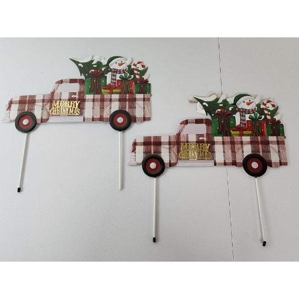 2 Outdoor Metal Christmas/Holiday Plaid Truck Stakes - Approx. 15in Tall