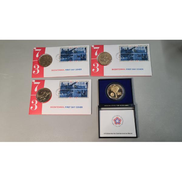 (3) 1973 Bicentennial First Day Cover Stamp & Medals & 1972 Bicentennial Commemorative Medal 