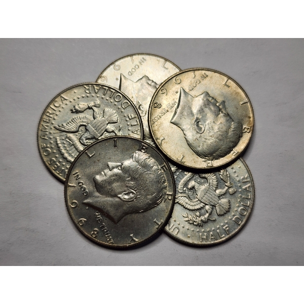Five 40% Silver Kennedy Half Dollars - $2.50 Face Value
