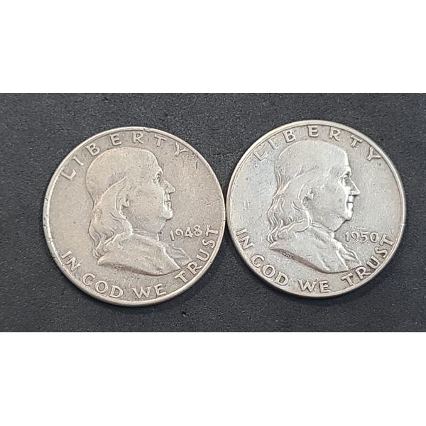 United States 1948-D & 1950 90% Silver Franklin Half Dollars - Face Value: $1.00