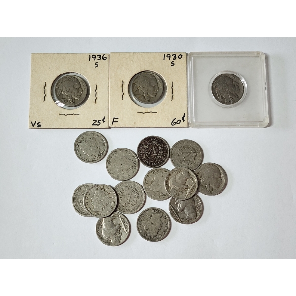 Lot of 16 Assorted U.S. Nickels Including Liberty Head "V" and Buffalo - FV: $0.80
