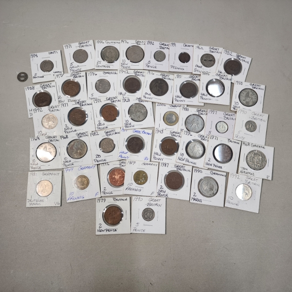 Large Lot of over 40 Assorted World Coins: Haiti, Great Britain, Greece, Germany