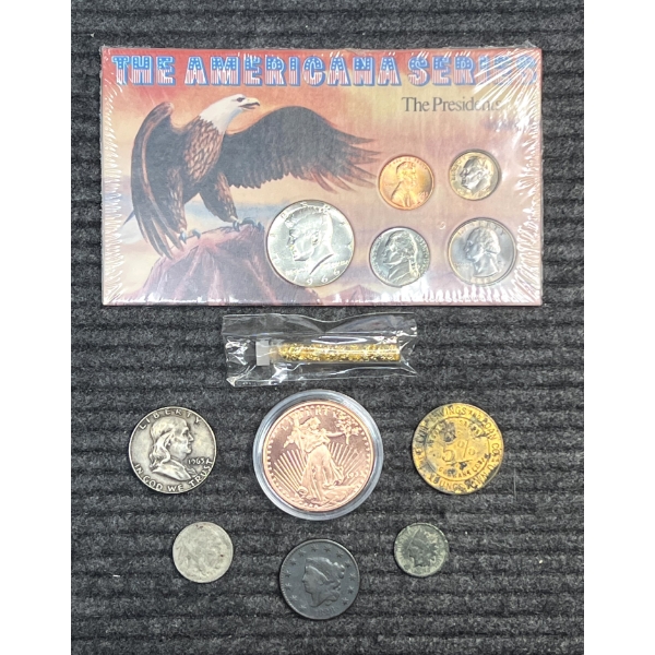 Assorted US Coins, Small Tube of Gold Flake, and Token