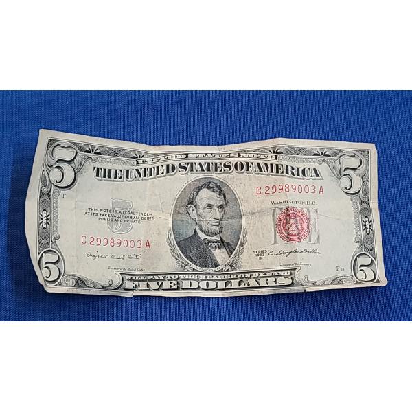 Series 1953 B $5 Red Seal Bank Note With Smith & Dillon Signatures - Face Value: $5.00