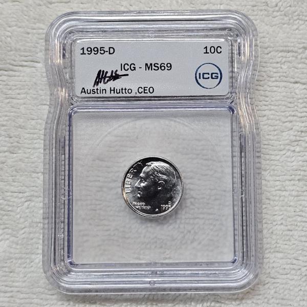 Austin Hutto Signed 1995-D Roosevelt Dime, graded MS69 by the ICG