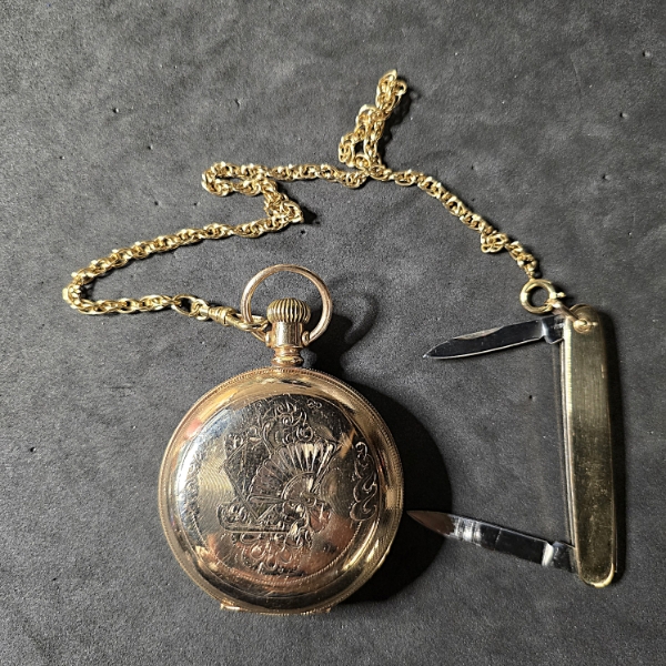 Gold Filled Elgin National Watch Pocket Watch w/ Chain and Folding Knife 152g TW - Missing Glass