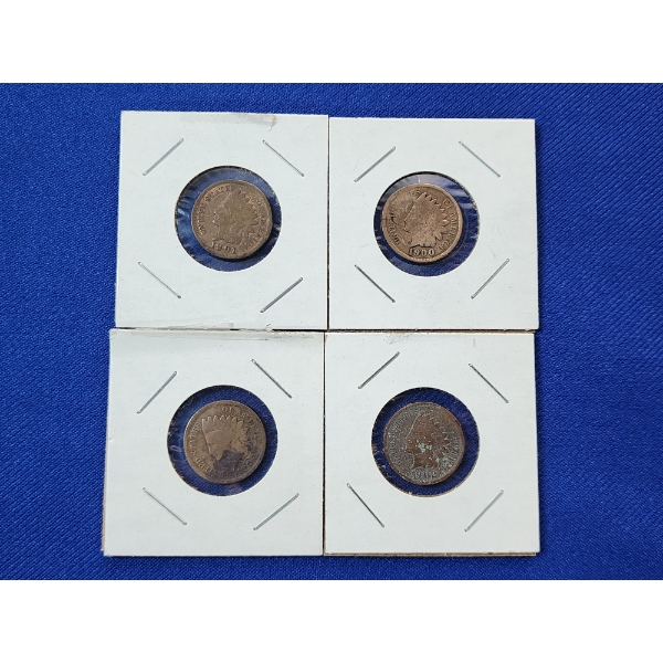 Four United States Indian Head Cents: 1901, 1900, 1907, 1902