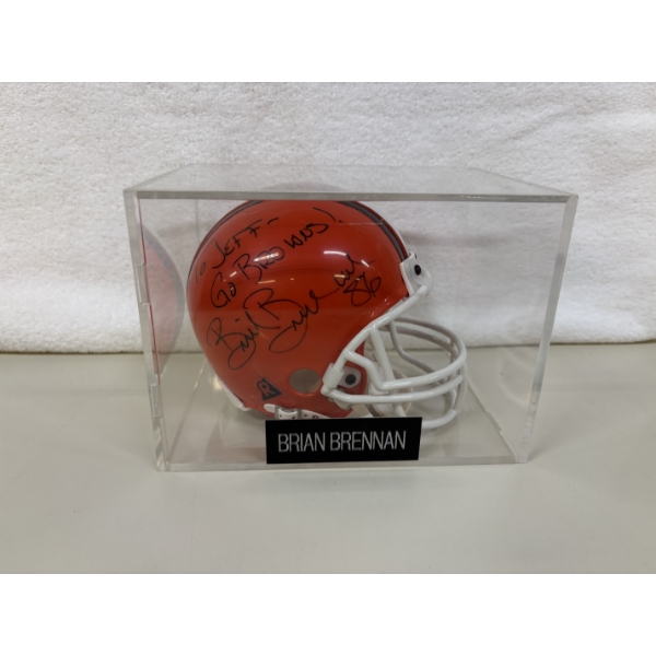 Brian Brennan Autographed Mini Cleveland Browns Helmet in Plastic Storage Cube - '86 - Riddell 