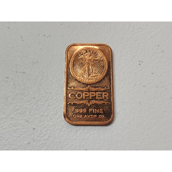 1 AVDP oz .999 Fine Copper Bar - Lady Liberty Design 