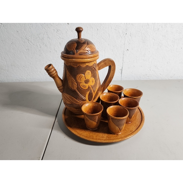 Wood-Carved Tea Set - Teapot, 6 Cups, Serving Tray