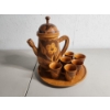 Image 1 : Wood-Carved Tea Set - Teapot, 6 Cups, Serving Tray