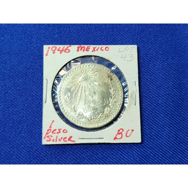 1945 Mexico 1 Peso Silver Coin - Brilliant Uncirculated ASW: 0.3857oz