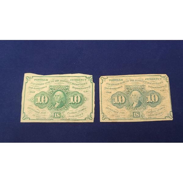 Lot of Two 10 Cents First Issue United States Fractional Currency With Monogram FR#1242 