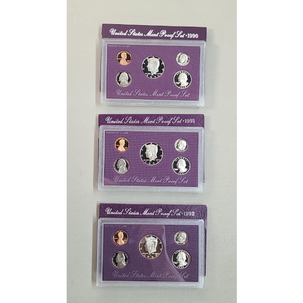 (3) United States Mint Proof Coin Sets -1990, 1991, 1992