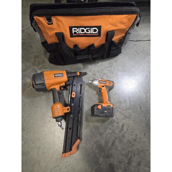 Excellent Condition- Ridged Air Framing Nailer Tote, & 18 Volt Drill With Battery