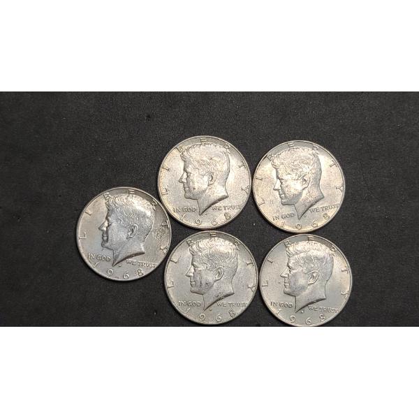 (5) 1968 40% Silver Kennedy Half Dollars - Face Value: $2.50