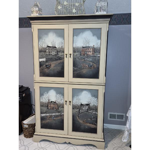 PICKUP IN NORTHFIELD - Exceptional Country Themed Folk Art Painted Cabinet Measures 72" x 40" x 20" 