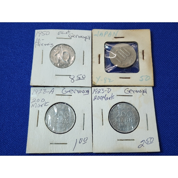 Lot of 4 Assorted Foreign Coins Including Japan and Germany