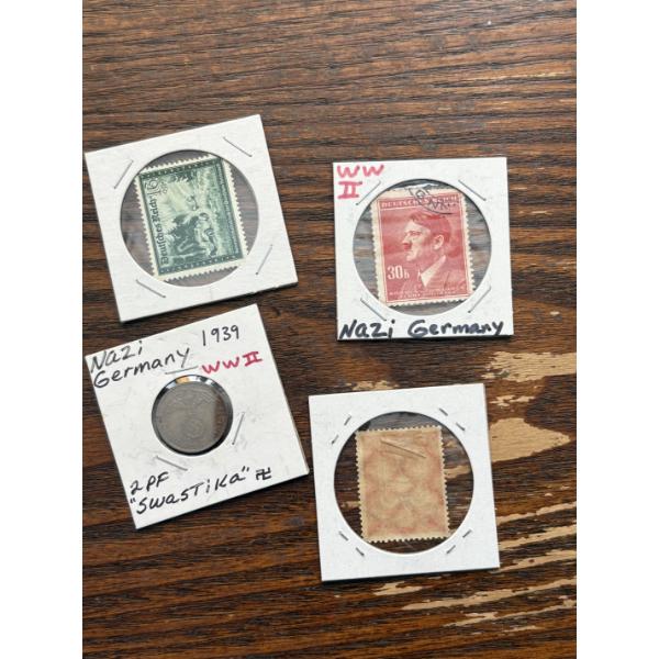 Nazi Germany WWII Coins & Stamps - 1939 Nazi Swastika 2 PF Coin WWII Germany - German Stamps (3) 