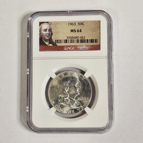 1963 90% Silver Franklin Half Dollar has been officially graded MS 64 (Mint State 64) by the NGC