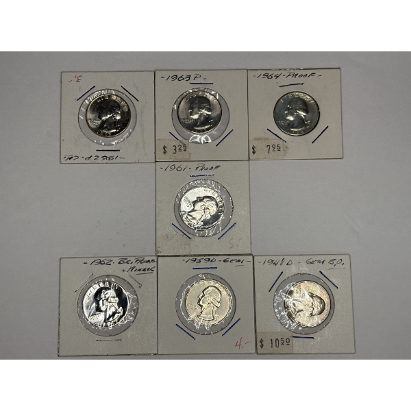 Lot of 7- 90% Silver Assorted Year Washington Quarters, $1.75 FV