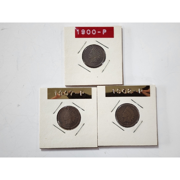 Three U.S. Indian Head Cents: 1900-P, 1907-P, 1902-P
