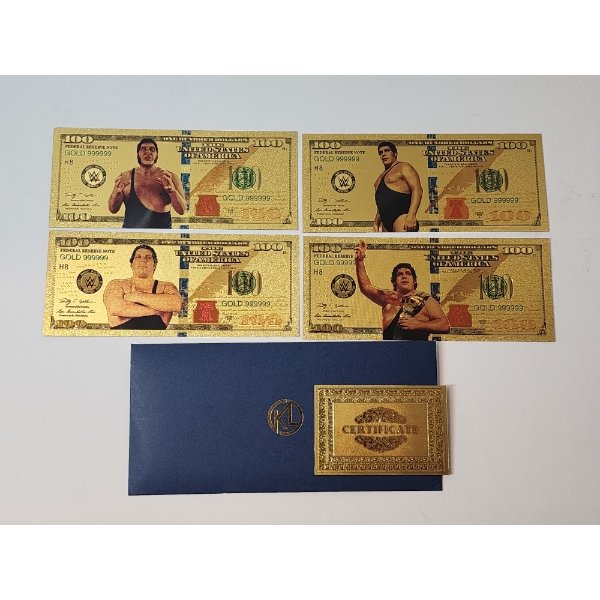 x4 Assorted WWE Legends $100 999999 24K Gold Foil Banknotes Set w/ CoA