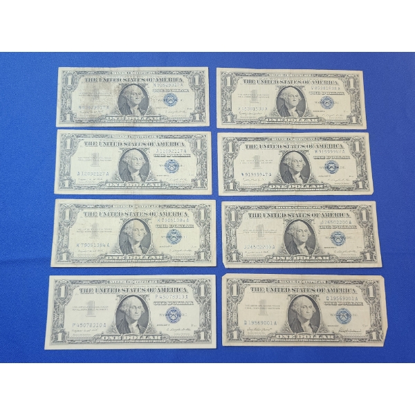 (8) U.S. Blue Seal $1 Silver Certificates: Series 1957 A & B 